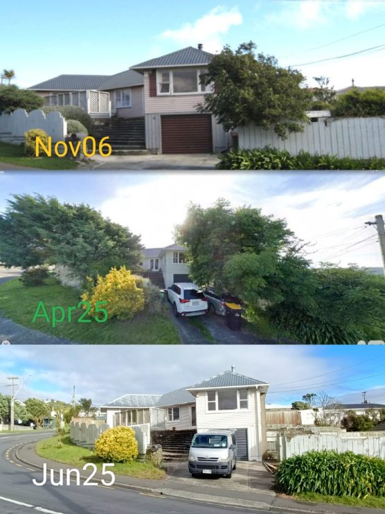 Exterior time sequence showing the Newlands section overgrown before renovation and tidier after renovation